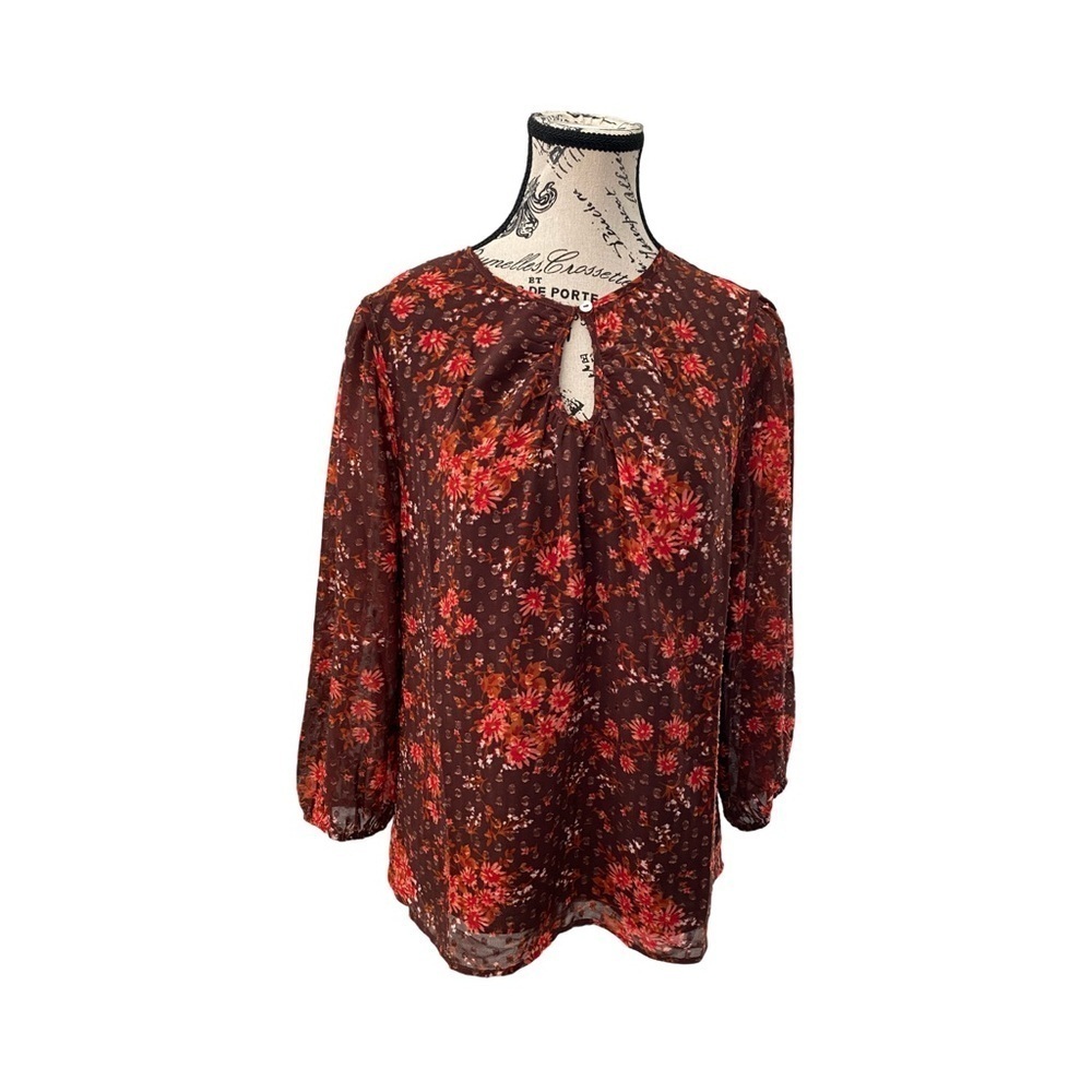 Daniel Rainn Brown Floral 3/4 Sleeve Textured Blouse Top NWT Size S